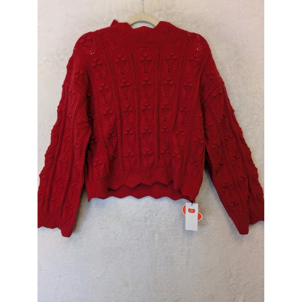 Cider‎ Junior's Size S Red Cable Knit Bobble Sweater Mock Neck Scalloped Hem